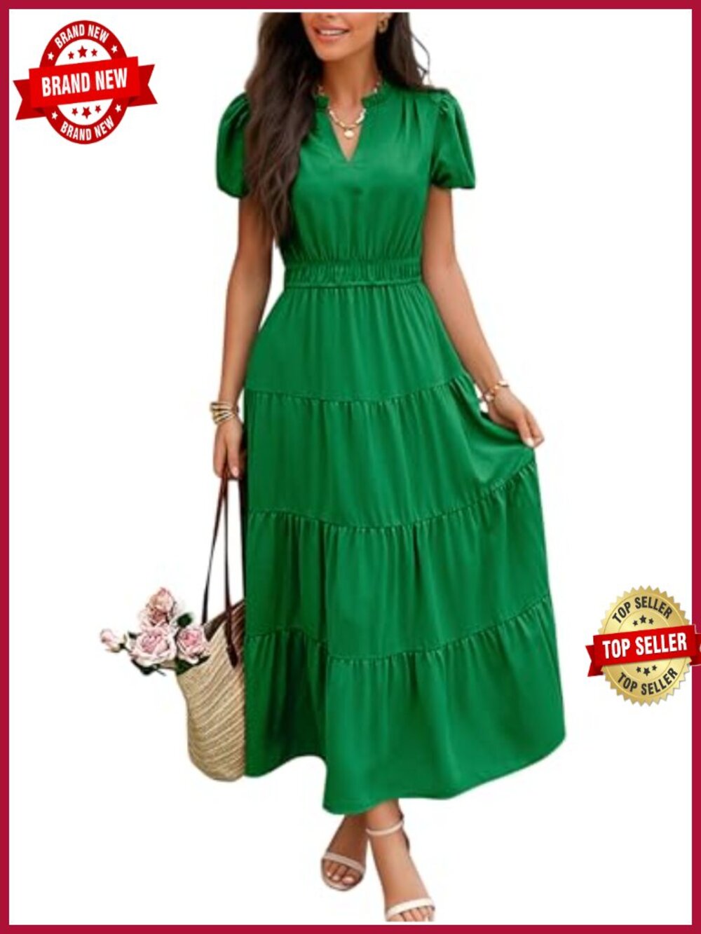Casual V Neck Short Sleeve Maxi Dress Flowy A Line with Pockets